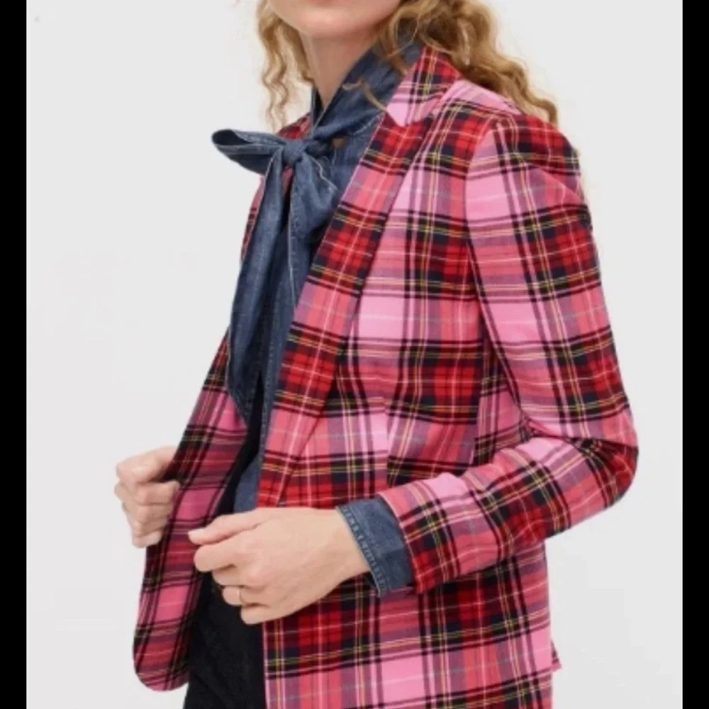 J.Crew Parke Blazer in Cherry Red Bubblegum Neon Pink Stewart Tartan Wool 4 EUC - Picture 3 of 7